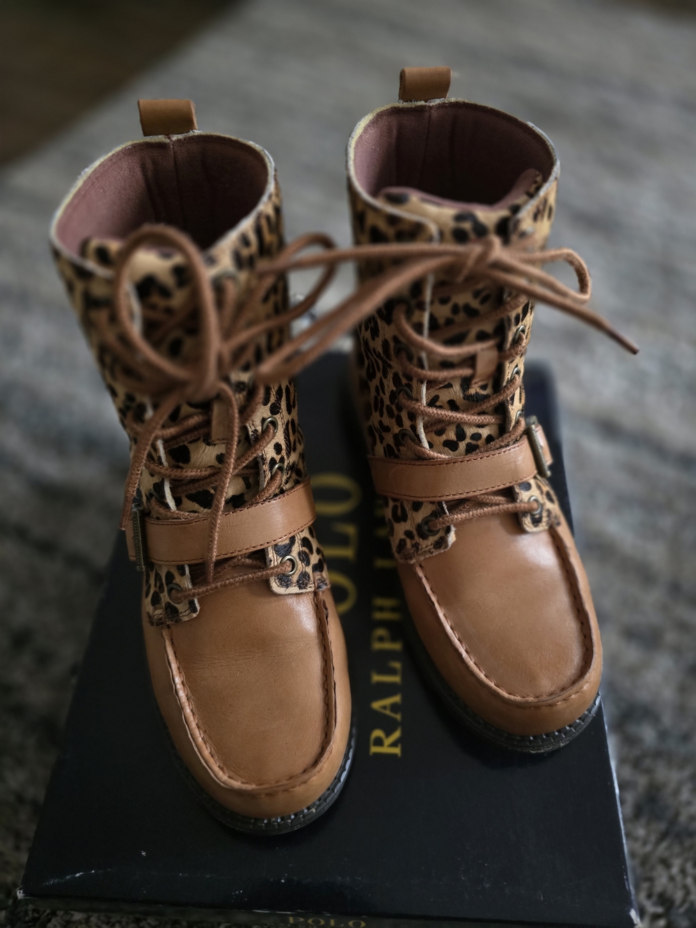 Polo Ralph Lauren Ranger Hi II Leopard Combat Boots  Size 6 Tan Animal Print